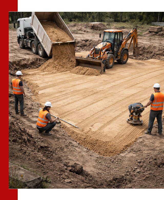 Устройство песчаной подушки для фундаментов и дорог в асбесте